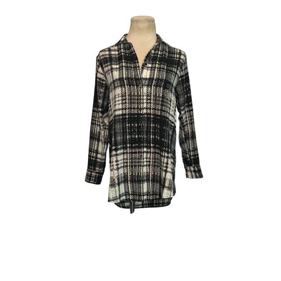 Topshop black cream plaid 3/4 sleeves buttoned blouse size 2P - Picture 9 of 13